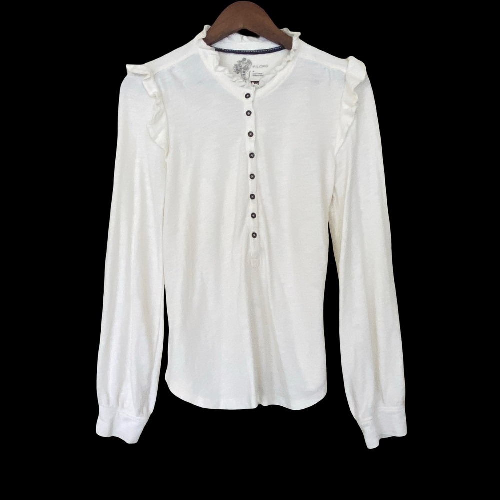 Pilcro‎ Anthropologie Ruffle Henley Top White Long Sleeve Modal Cotton M